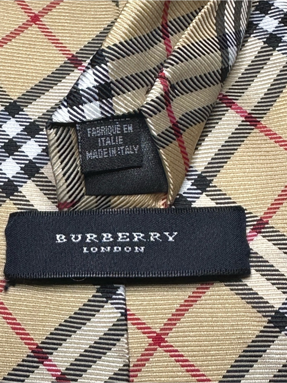 Burberry Beige Plaid Silk Tie with Black, White & Red Accents - Picture 3 of 7
